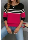 Kadın Uzun Kollu Bisiklet Yaka çok Renkli Triko Bluz