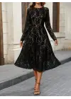 Kadın Uzun Kollu Bisiklet Yaka Dantelli Astarlı Midi Elbise