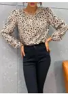 Kadın Desenli Uzun Kollu Bisiklet Yaka Bluz