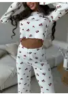 Kadın Uzun Kollu Bisiklet Yaka Desenli Burgu Bluz Ve Pijama Ikili Takım