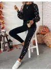 Kadın Uzun Kollu Bisiklet Yaka Desenli Viskon Iki Iplik Bluz Ve Pantolon Ikili Takım