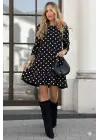 Kadın Uzun Kollu Bisiklet Yaka Fırfırlı Puantiyeli Kısa Modal Elbise
