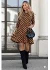 Kadın Uzun Kollu Bisiklet Yaka Fırfırlı Puantiyeli Kısa Modal Elbise