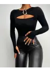 Kadın Uzun Kollu Bisiklet Yaka Göğüs Dekolteli Viskon Bluz