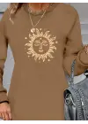 Kadın Uzun Kollu Bisiklet Yaka Güneş Desenli Viskon Iki Iplik Elbise