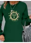 Kadın Uzun Kollu Bisiklet Yaka Güneş Desenli Viskon Iki Iplik Elbise