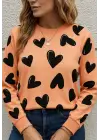 Kadın Uzun Kollu Bisiklet Yaka Kalp Desenli Iki Iplik Bluz