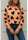 Kadın Uzun Kollu Bisiklet Yaka Kalp Desenli Iki Iplik Bluz