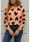Kadın Uzun Kollu Bisiklet Yaka Kalp Desenli Iki Iplik Bluz