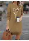 Kadın Uzun Kollu Bisiklet Yaka Kalp Desenli Kısa Viskon Elbise