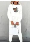 Kadın Uzun Kollu Bisiklet Yaka Kalp Desenli şardonlu üç Iplik Bluz Ve Pantolon Ikili Takım
