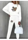 Kadın Uzun Kollu Bisiklet Yaka Kalp Desenli şardonlu üç Iplik Bluz Ve Pantolon Ikili Takım
