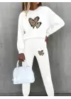 Kadın Uzun Kollu Bisiklet Yaka Kalp Desenli şardonlu üç Iplik Bluz Ve Pantolon Ikili Takım