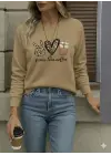 Kadın Uzun Kollu Bisiklet Yaka Kalp Desenli Viskon Iki Iplik Bluz