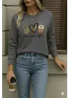 Kadın Uzun Kollu Bisiklet Yaka Kalp Desenli Viskon Iki Iplik Bluz