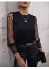 Trend Bisiklet Yaka Puantiyeli Tül Detaylı Sandy Bluz