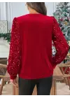 Kadın Uzun Kollu Bisiklet Yaka Kollar Pulpayet Kadife Bluz