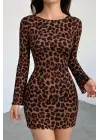 Kadın Uzun Kollu Bisiklet Yaka Leopar Desenli Dalgıç Mini Elbise