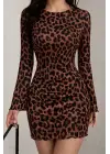 Kadın Uzun Kollu Bisiklet Yaka Leopar Desenli Dalgıç Mini Elbise