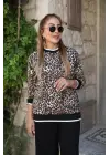 Kadın Uzun Kollu Bisiklet Yaka Leopar Desenli Iki Iplik Bluz Ve Viskon Iki Iplik Pantolon Ikili Takım