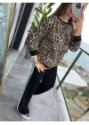 Kadın Uzun Kollu Bisiklet Yaka Leopar Desenli Iki Iplik Bluz Ve Viskon Iki Iplik Pantolon Ikili Takım
