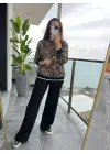 Kadın Uzun Kollu Bisiklet Yaka Leopar Desenli Iki Iplik Bluz Ve Viskon Iki Iplik Pantolon Ikili Takım