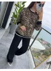 Kadın Uzun Kollu Bisiklet Yaka Leopar Desenli Iki Iplik Bluz Ve Viskon Iki Iplik Pantolon Ikili Takım