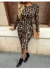 Kadın Uzun Kollu Bisiklet Yaka Leopar Desenli Modal Midi Elbise