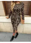 Kadın Uzun Kollu Bisiklet Yaka Leopar Desenli Modal Midi Elbise