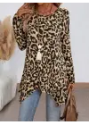 Kadın Uzun Kollu Bisiklet Yaka Leopar Desenli Süprem Bluz