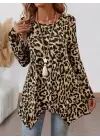 Kadın Uzun Kollu Bisiklet Yaka Leopar Desenli Süprem Bluz