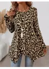 Kadın Uzun Kollu Bisiklet Yaka Leopar Desenli Süprem Bluz