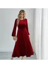 Kadın Uzun Kollu Bisiklet Yaka Midi Kadife Elbise