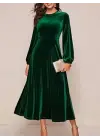 Kadın Uzun Kollu Bisiklet Yaka Midi Kadife Elbise