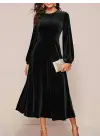 Kadın Uzun Kollu Bisiklet Yaka Midi Kadife Elbise