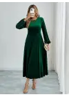 Kadın Uzun Kollu Bisiklet Yaka Midi Kadife Elbise
