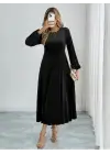Kadın Uzun Kollu Bisiklet Yaka Midi Kadife Elbise