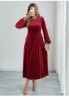 Kadın Uzun Kollu Bisiklet Yaka Midi Kadife Elbise