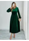 Kadın Uzun Kollu Bisiklet Yaka Midi Kadife Elbise