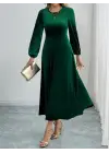 Kadın Uzun Kollu Bisiklet Yaka Midi Kadife Elbise