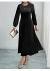 Kadın Uzun Kollu Bisiklet Yaka Midi Kadife Elbise