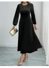 Kadın Uzun Kollu Bisiklet Yaka Midi Kadife Elbise