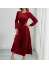 Kadın Uzun Kollu Bisiklet Yaka Midi Kadife Elbise