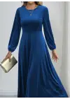 Kadın Uzun Kollu Bisiklet Yaka Midi Kadife Mavi Elbise