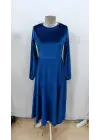 Kadın Uzun Kollu Bisiklet Yaka Midi Kadife Mavi Elbise