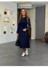 Kadın Uzun Kollu Bisiklet Yaka Midi Modal Elbise