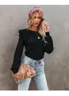 Kadın Uzun Kollu Bisiklet Yaka Omuzları Fırfırlı Triko Bluz