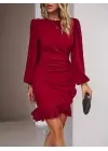 Kadın Uzun Kollu Bisiklet Yaka önden Volanlı Ithal Krep Elbise