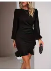 Kadın Uzun Kollu Bisiklet Yaka önden Volanlı Ithal Krep Elbise