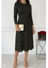 Kadın Uzun Kollu Bisiklet Yaka Puantiyeli örme Krep Midi Elbise